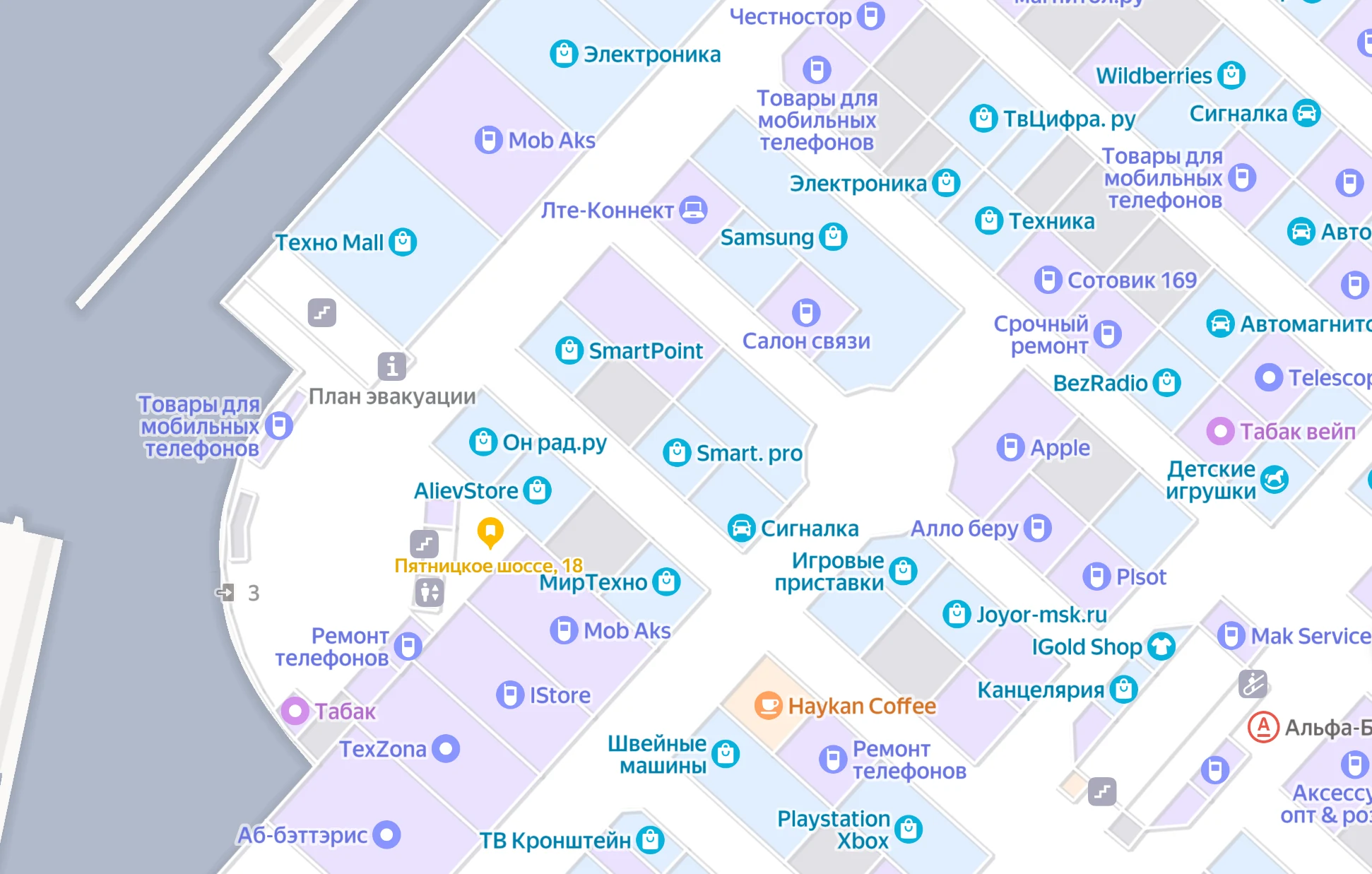 Схема радиорынка: вход 3 слева внизу, Техно Mall выше слева