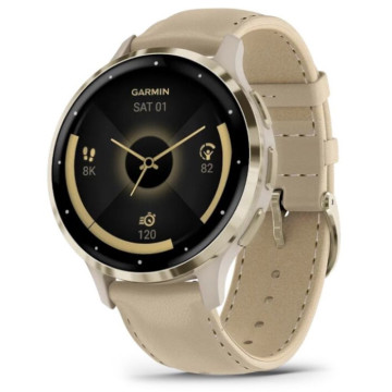 Умные часы Garmin VENU 3s 41 мм, корпус: золотистый (Gold), с бежевым кожаным ремешком (French Gray)