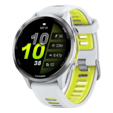 Умные часы Garmin FORERUNNER 970 47 мм, корпус: белый/светло-серый (Titanium Whitestone), с бело-зеленым силиконовым ремешком