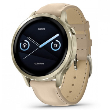Умные часы Garmin VENU 4 41 мм, корпус: лунно-золотистый (Lunar Gold), с силиконовым ремешком слоновая кость и светло-песочным кожаным ремешком