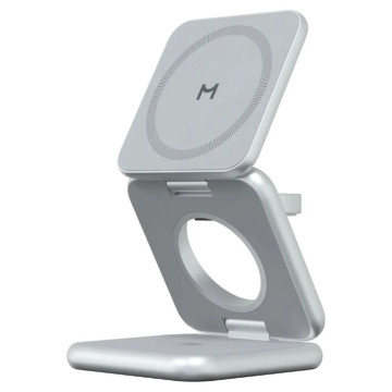 Беспроводное зарядное устройство Magssory Fold Pro 3-в-1 для Apple, с поддержкой MagSafe, Qi2 (Серебристое)